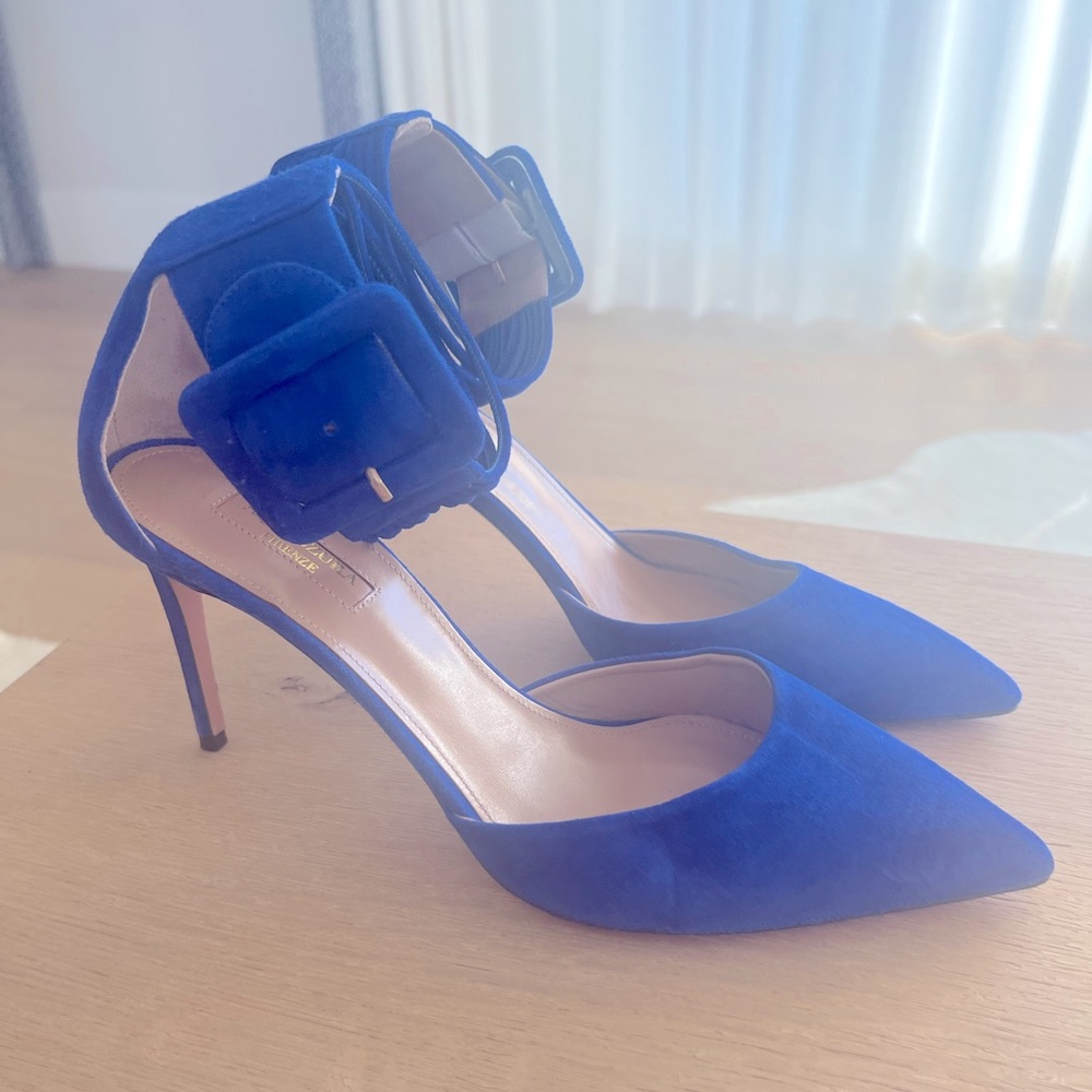 Aquazzura Blue Suede Casablanca Ankle Cuff Pump
